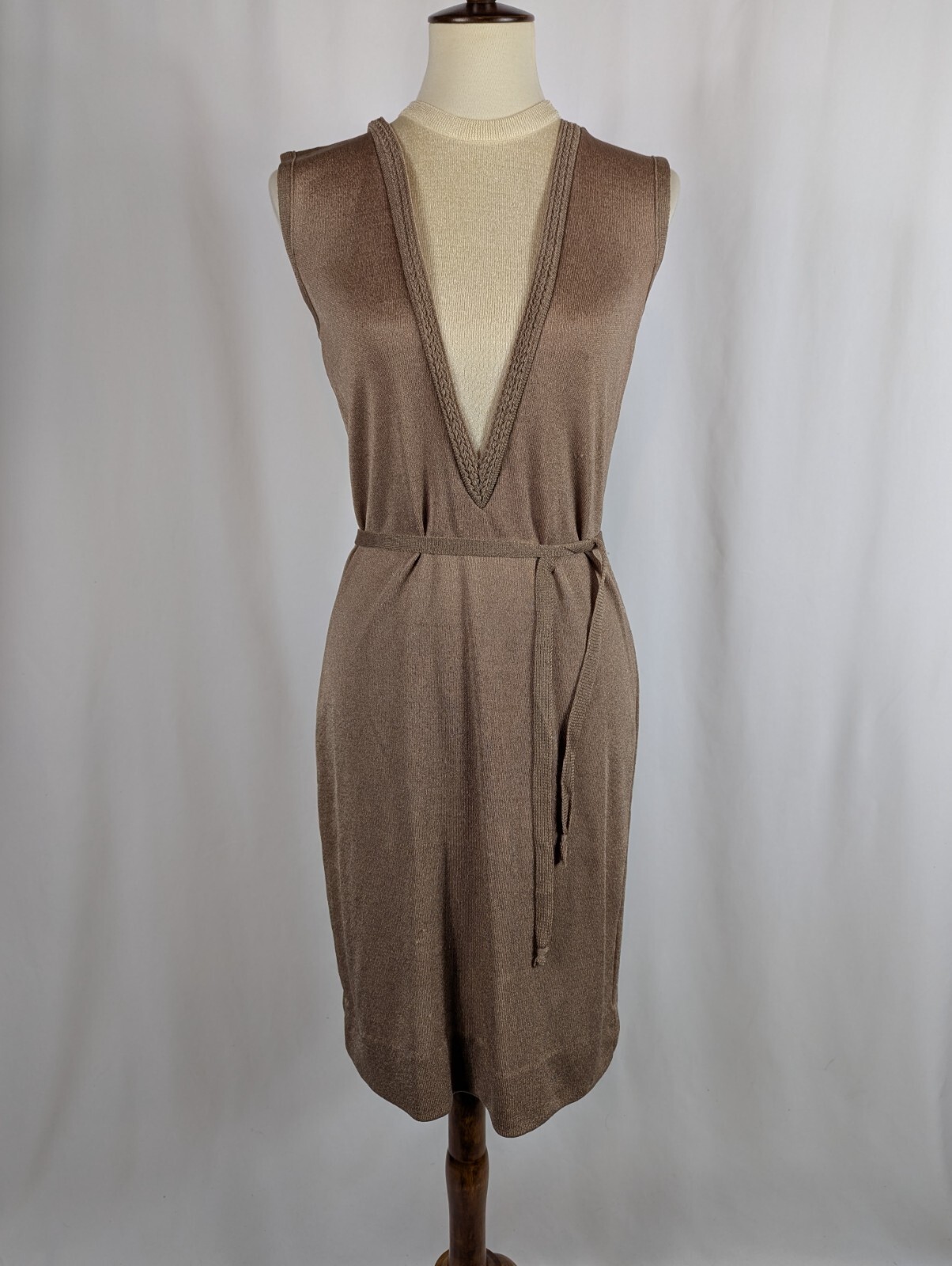 Kay Windsor Knit Dress Vintage MCM 60s Mod Sleeveless Tan Cream Belted Secretary