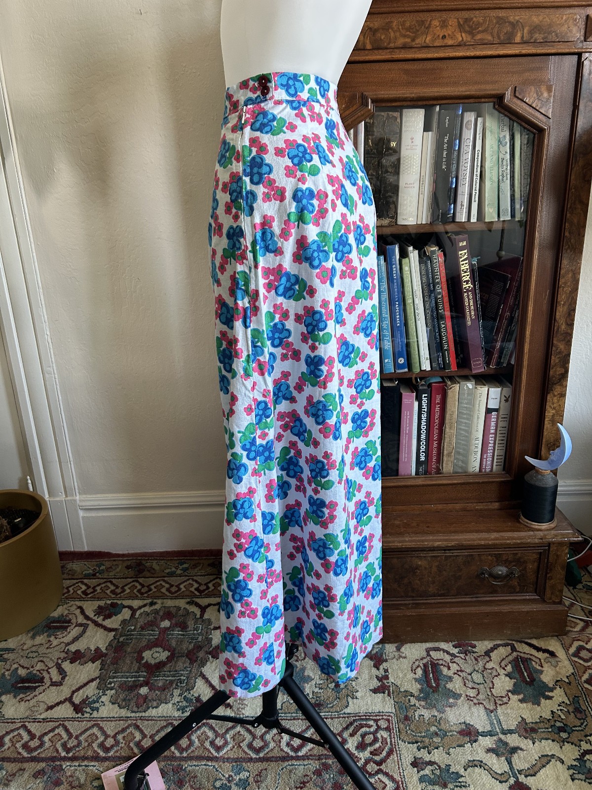 Vintage 1970s Floral Maxi Skirt in Blue and Pink – Handmade 28W Cotton Summer
