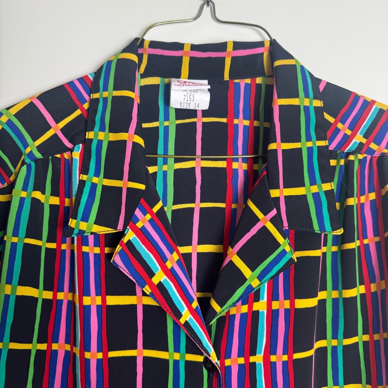 Vintage Graff Californiawear Rainbow Grid Plaid Button Up Blouse Size 14
