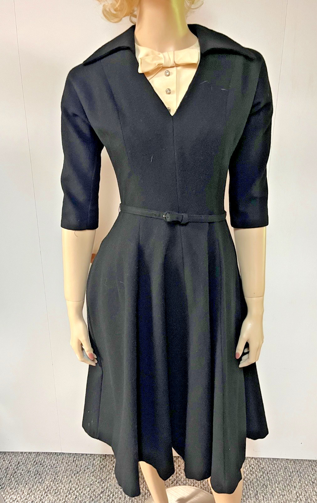 Vintage 1950s Alco Junior Bibbed Neckline Wool Business Cocktail Dress Bust 34