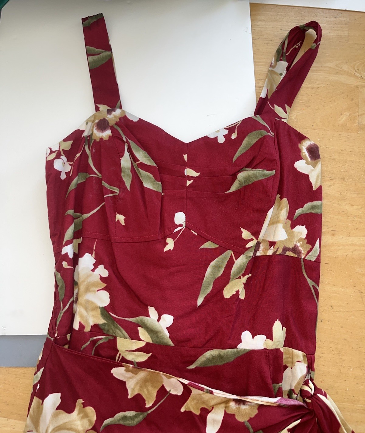 Vtg 90s Paradise Found Hawaiian Dress Burgundy Floral Sarong Wrap USA Made Sz L