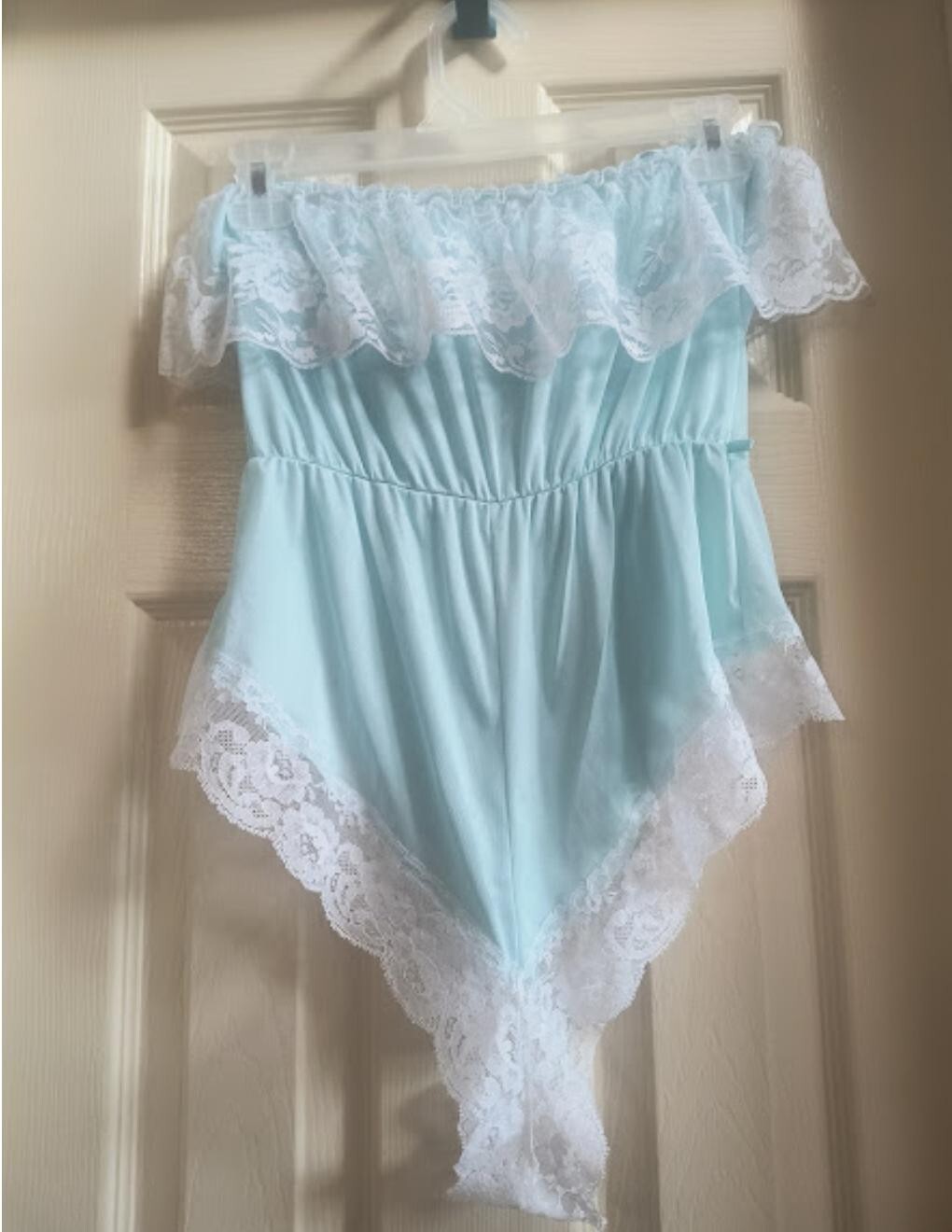 Vintage Blue Lacy Strapless M Romper Sheer Cheeky Teddy Lingerie Made In USA