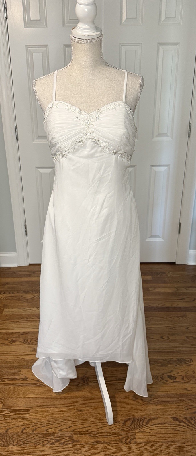 Y2K White Chiffon Empire Waist Wedding Dress Beaded Sweetheart US 12-14