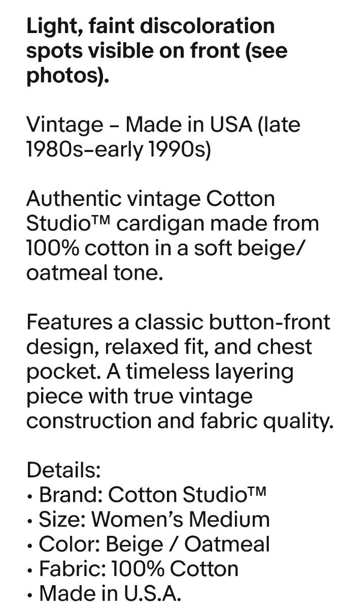 Vintage Cotton Studio Beige Button Shirt USA Made Wom. Sz. M DISCOLORATION SPOTS