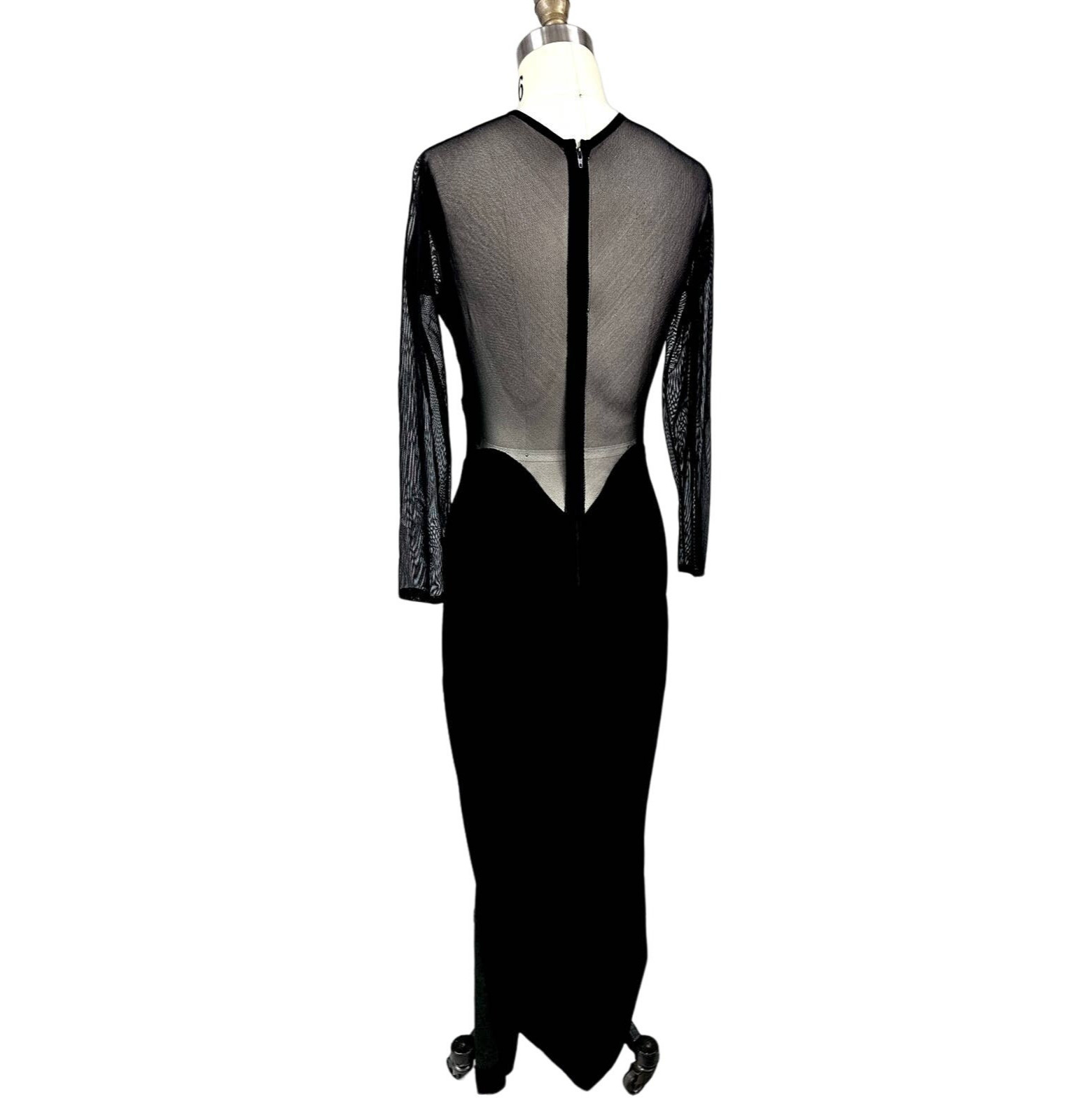 Tadashi VTG 1980s Long Black Evening Dress Sheer Cutouts Mob Wife Disco Glam M