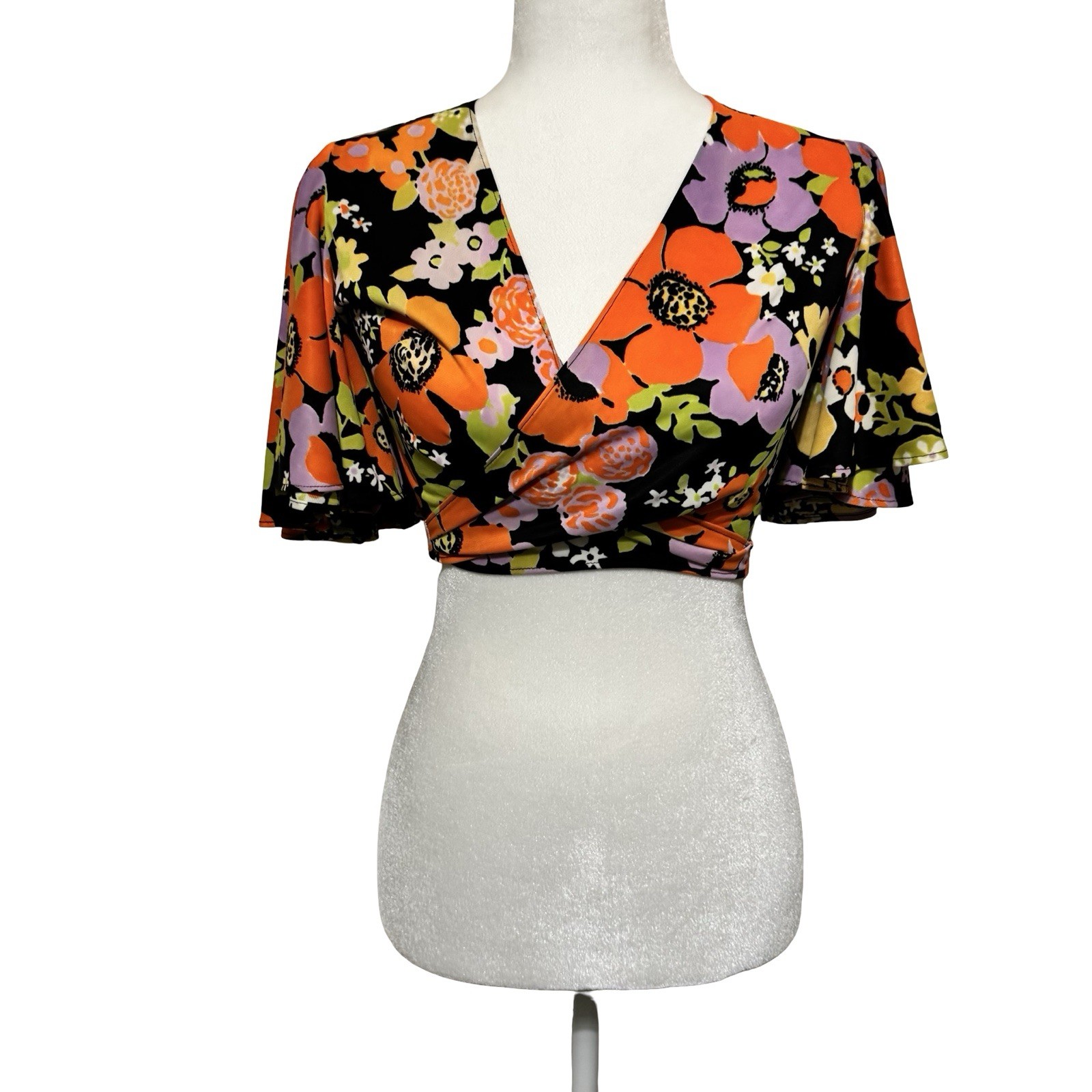 Vintage 70s Floral Wrap Crop Top Size Small Hippie Boho festival flutter sleeves
