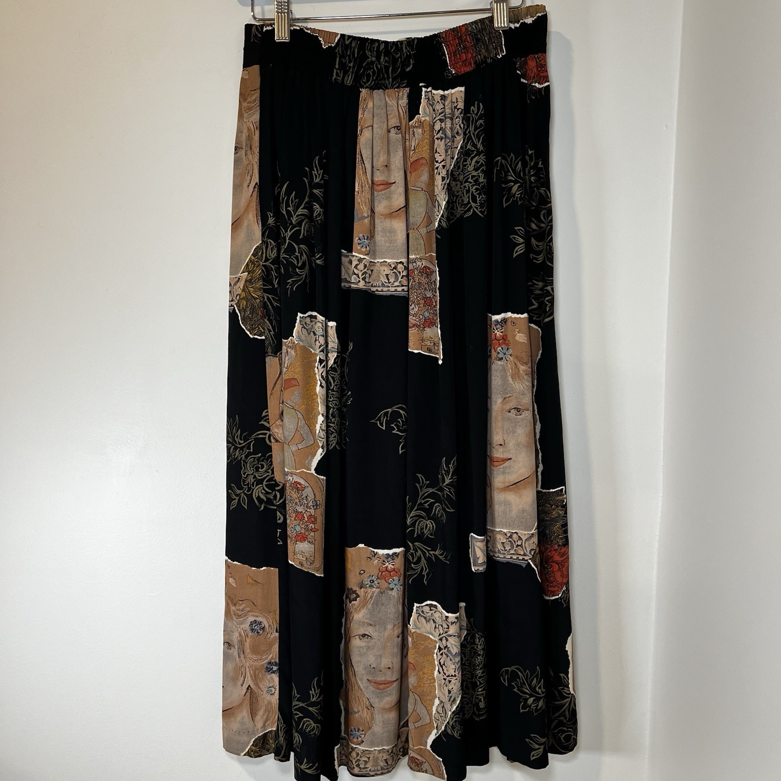 Vintage 90s AKF New York Art Nouveau Face Print Rayon Midi Skirt USA M