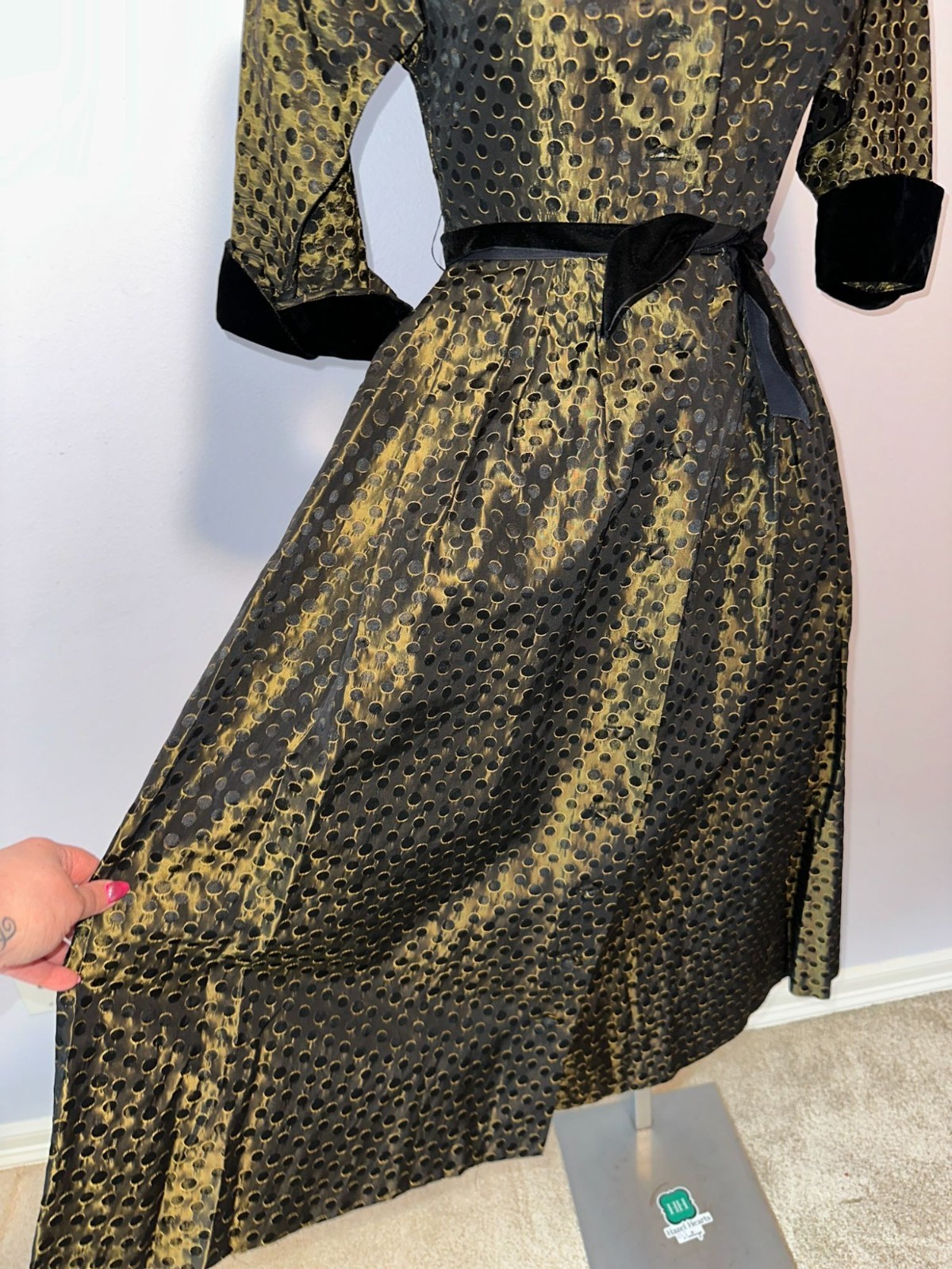 Vintage 1950s Prestige Junior Fit Flare Dress Gold Polka Dot New Look Size XS