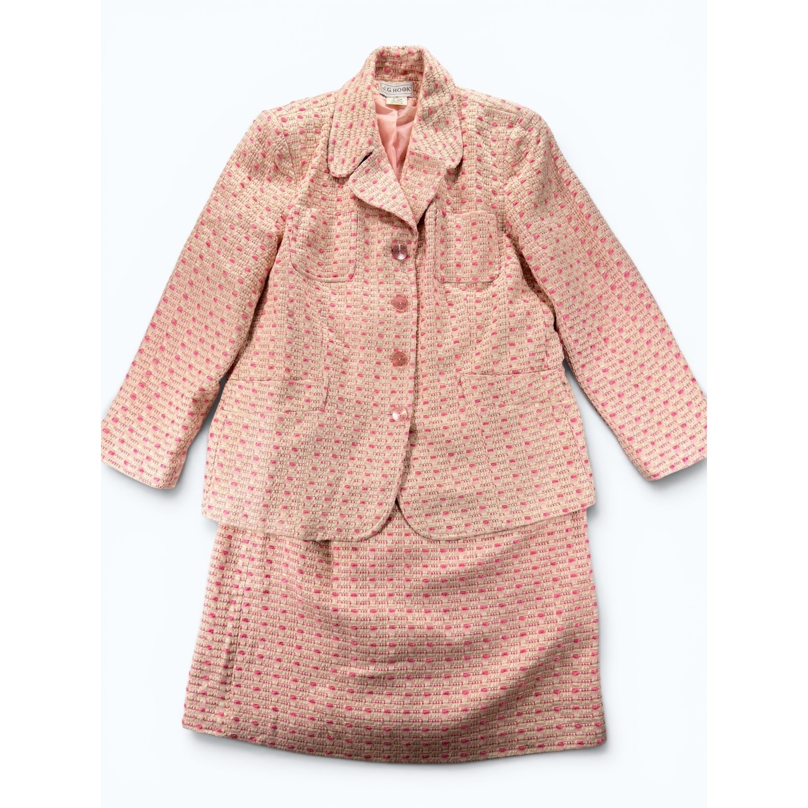 Vintage J.G. Hook Pink Bouclé Tweed Skirt Suit 2 Pc Women’s 16W