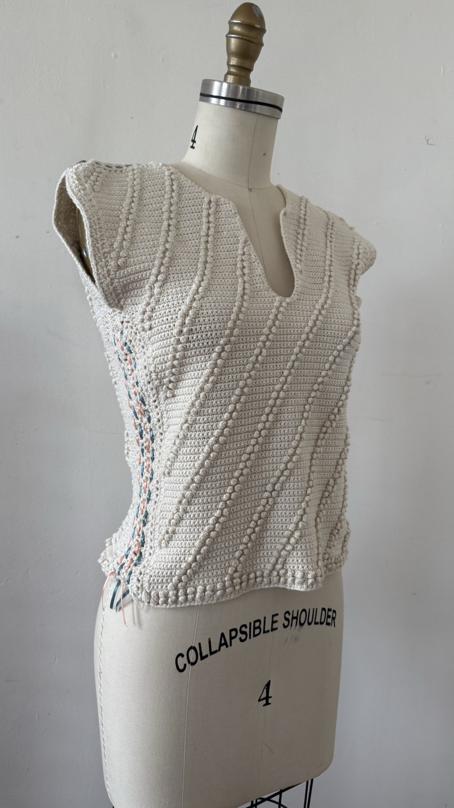 Antique/Vintage Art Deco Popcorn Rayon Hand Crocheted Knit Ribbon Trim Top XS