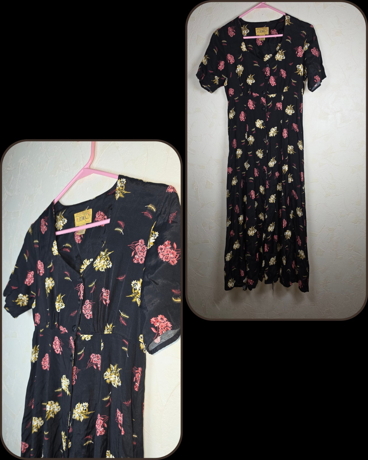 Vtg Sostanza Black Floral Button Front Short Sleeve Maxi Dress 90s grunge Small