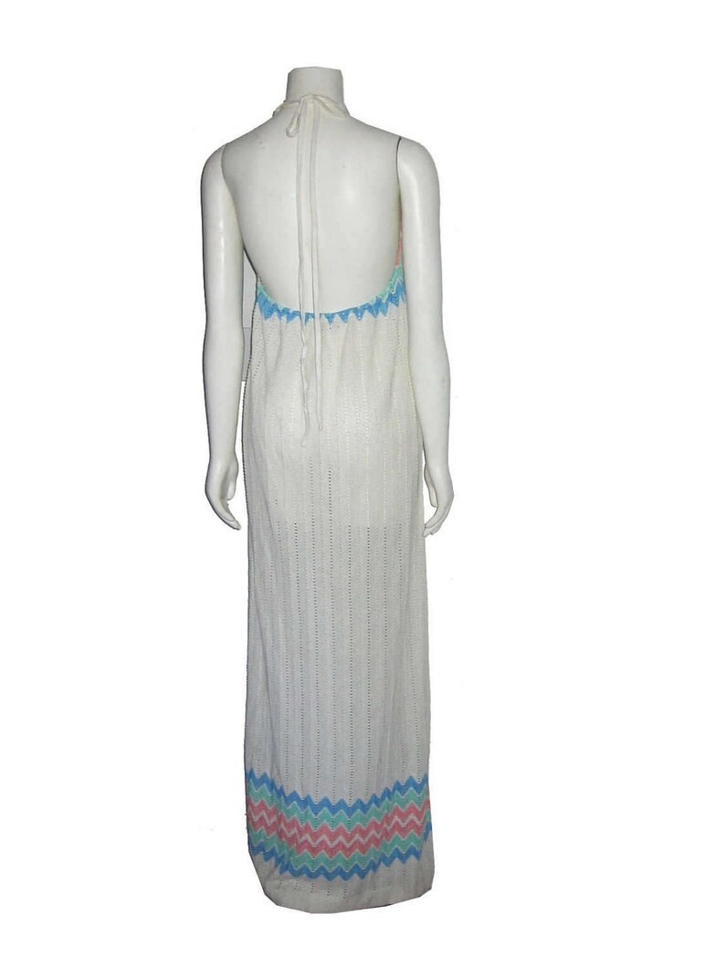 VTG Fabric POYZA Design Bone Multicolor Zig Zag Striped Halter Long Maxi Dress
