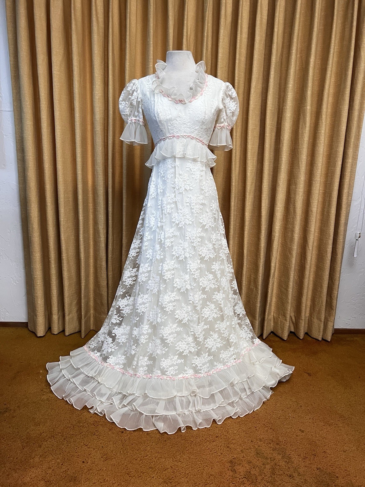 Vintage 1960s Empire Waist Lace Wedding Dress With Rose Appliqué And Ruffles
