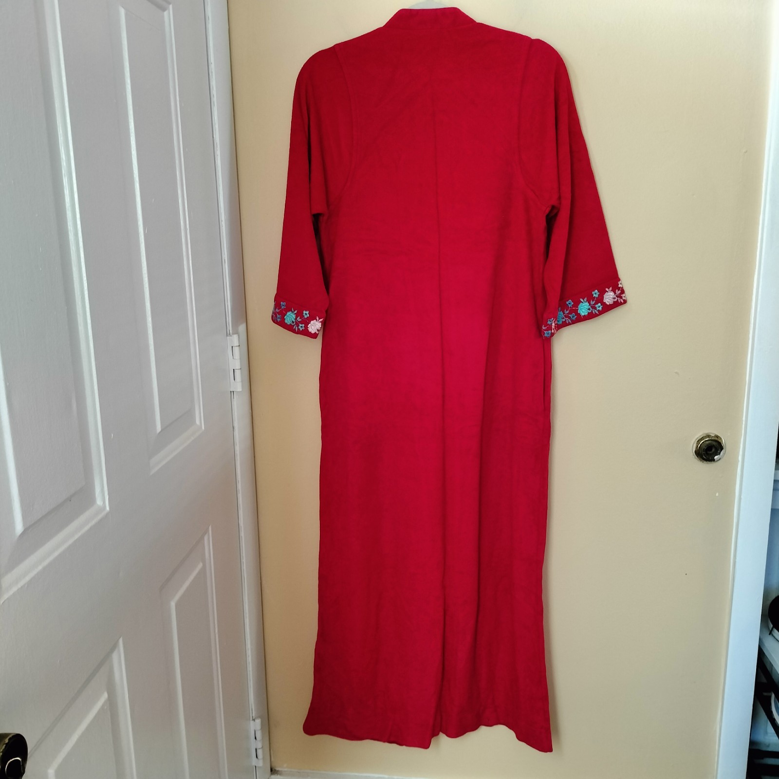 Evelyn Pearson Red Vintage Zip Floral Embroidery House Coat Robe S Golden Girls