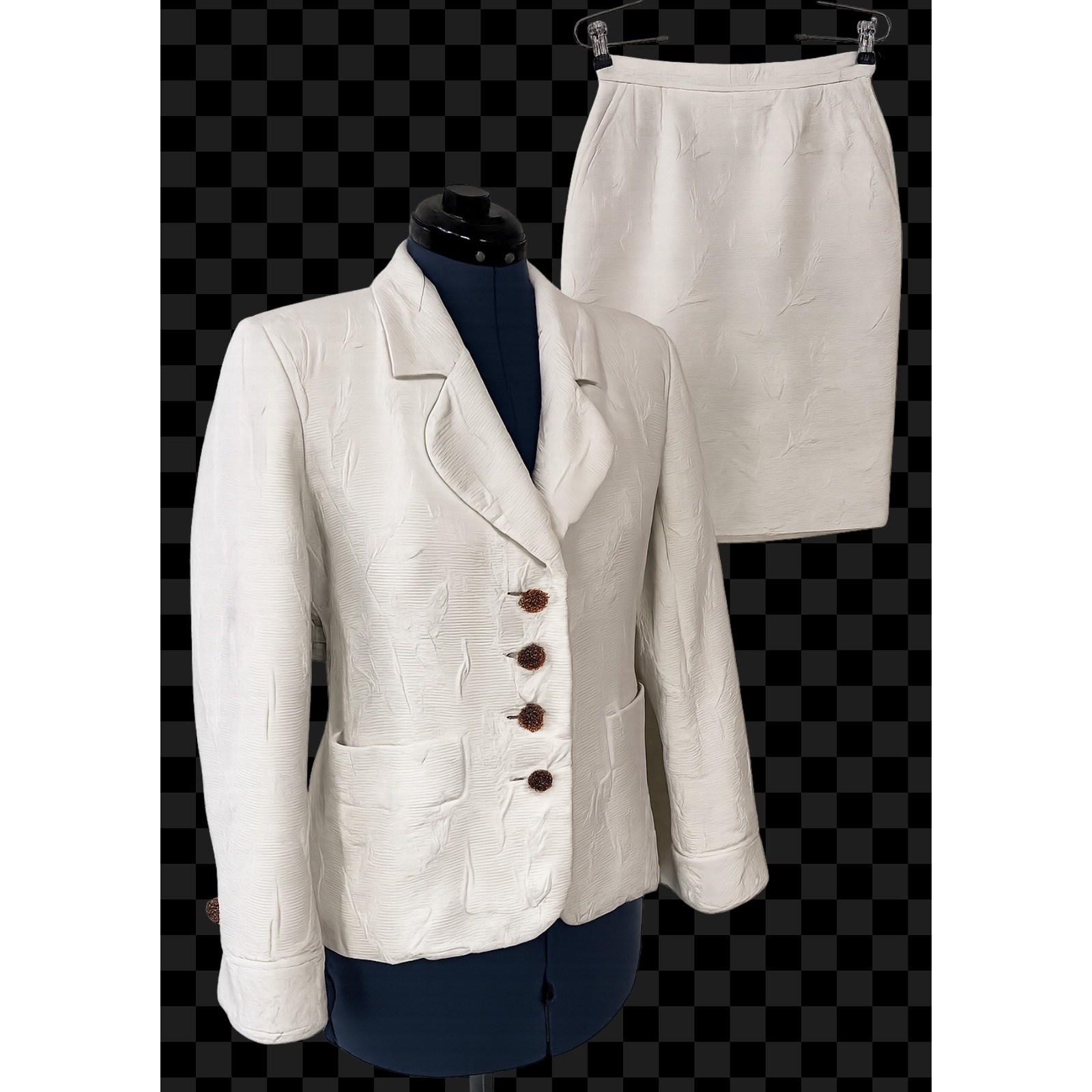 Vtg Yves Saint Laurent Rive Gauche White Cotton Jacquard Skirt Suit Set FR 38