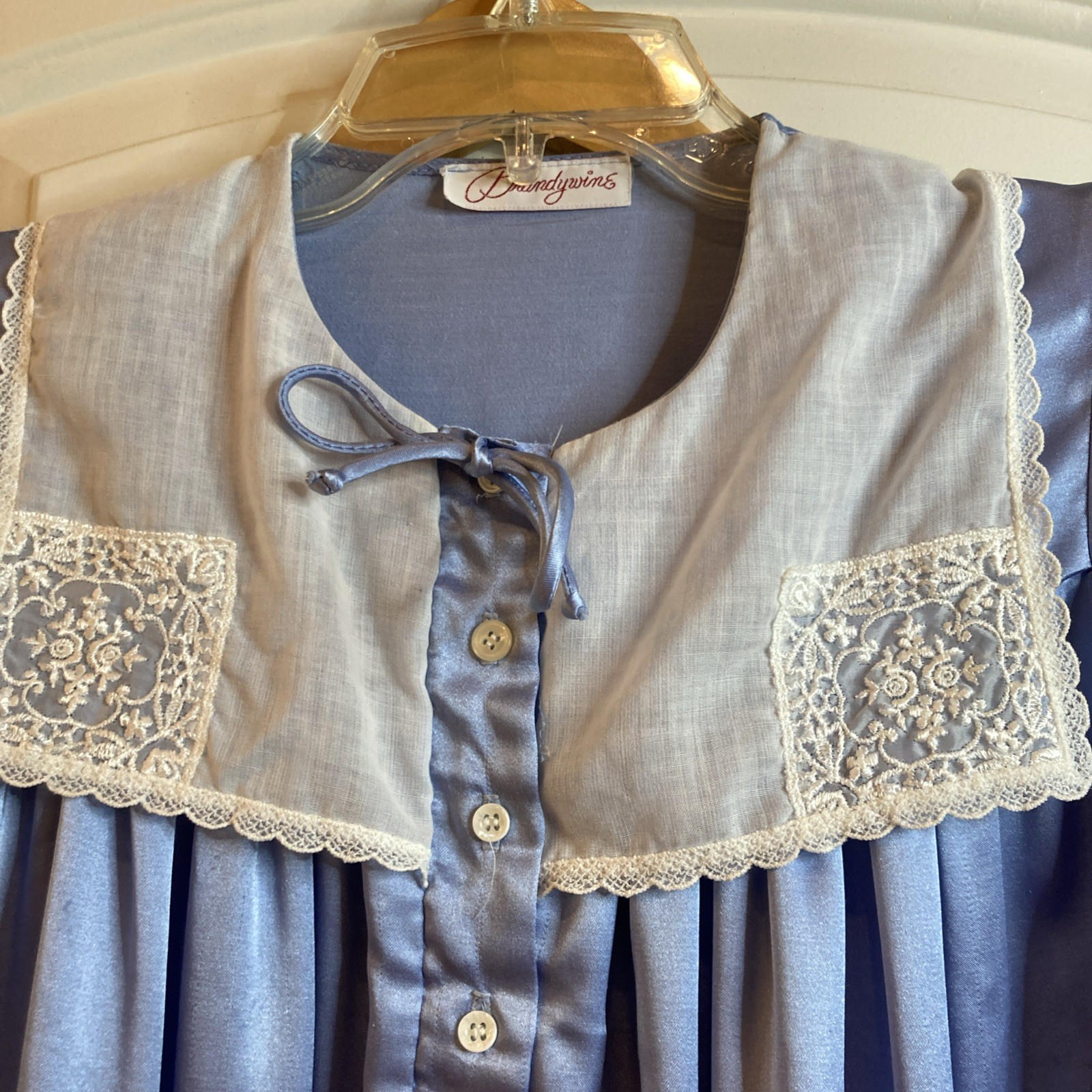Vintage Brandywine Blue Satin Long Nightgown & Matching Robe Lace Retro MCM M/L
