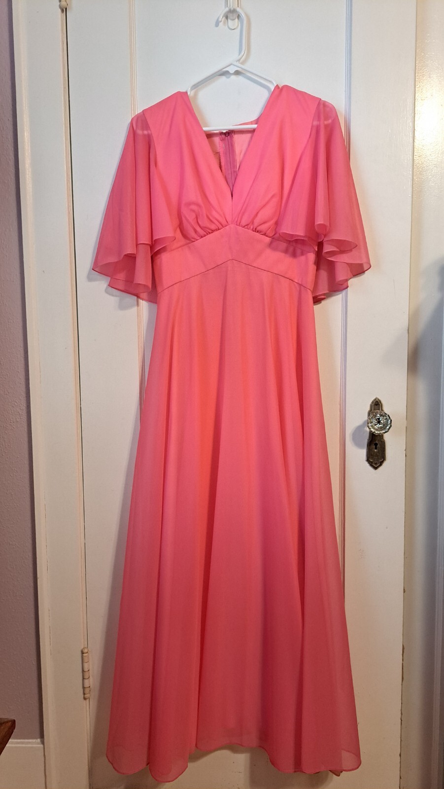 Pink 70s Long Flowy Empire Waist Dress Chiffon Butterfly Sleeves Medium/6
