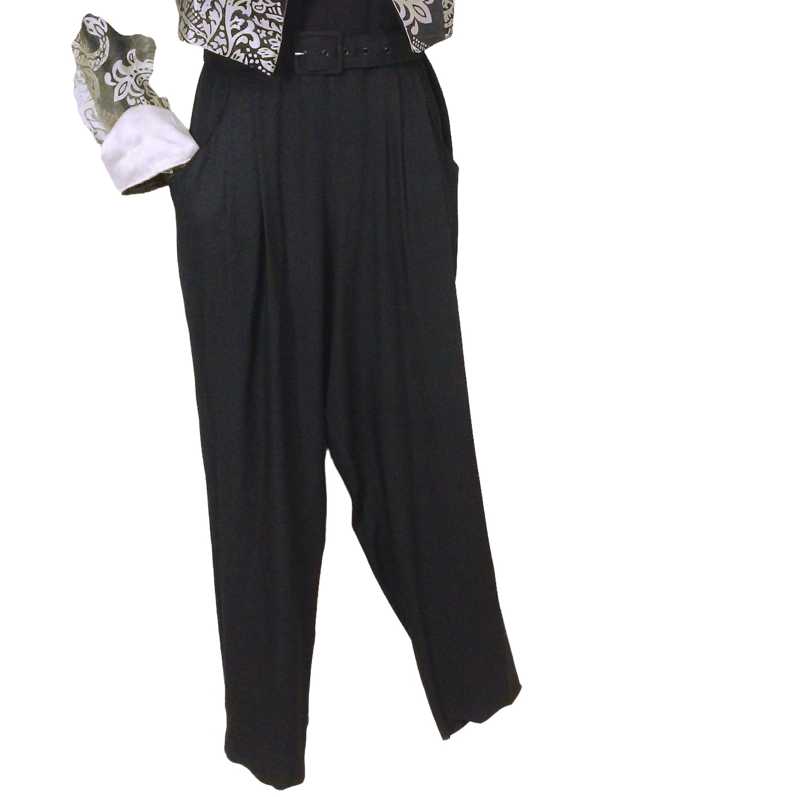 Vintage 90s 2-pc Set JumpSuit Jacket 6/8 Pockets Two-tone Scroll Champagne Black