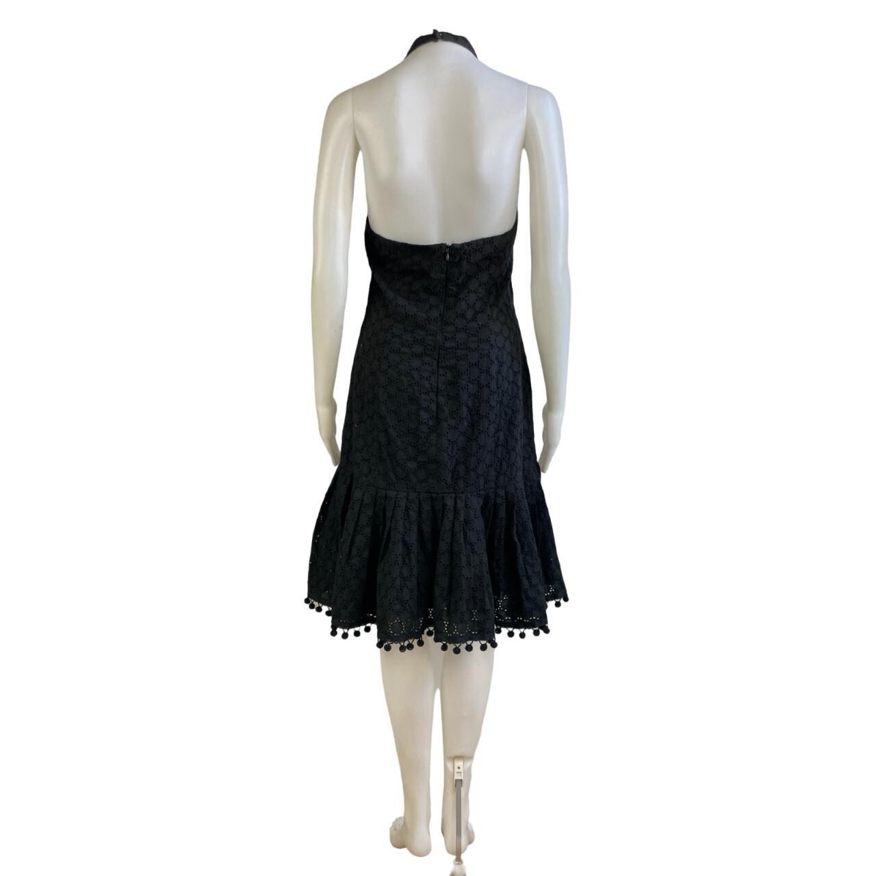 Vintage Eyelet Lace Cotton Dress Size Small 90s Maggy London Pom Pom Trim Halter