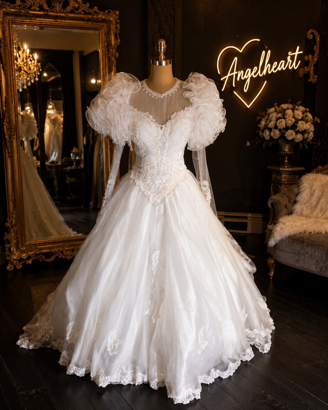 Riley Ray Organza Ruffles Vintage Wedding Gown Dress Sm 1980s