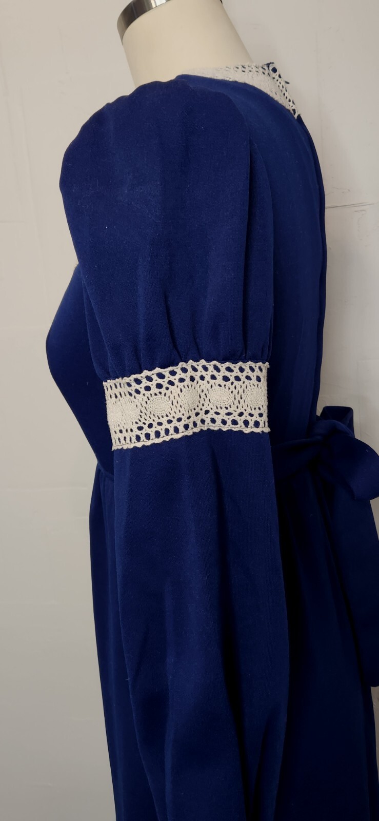 Vintage 70s Royal Blue Ivory White Lace Maxi Dress Tie Empire Waist S or M