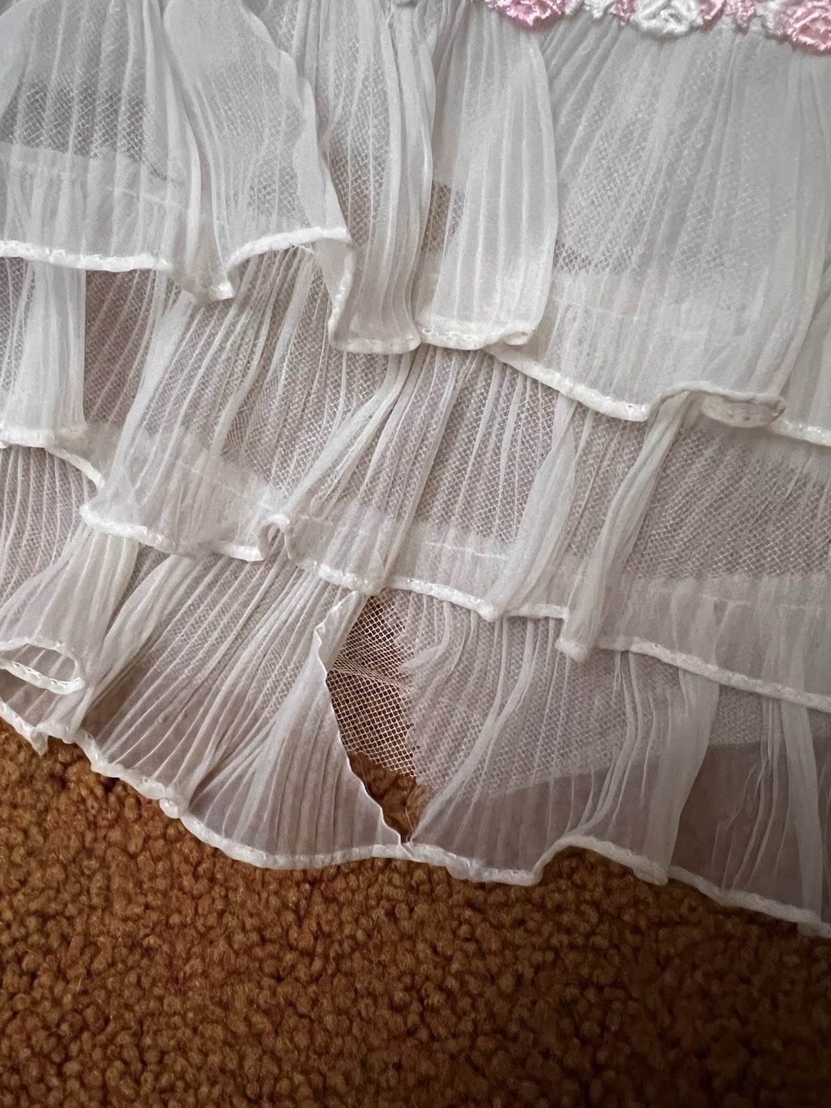Vintage 1960s Empire Waist Lace Wedding Dress With Rose Appliqué And Ruffles