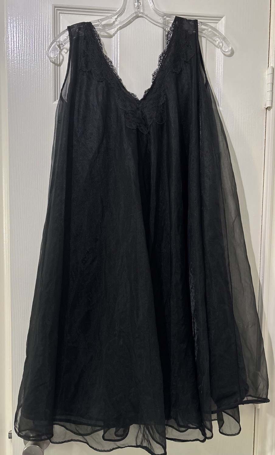 Vintage 60s 70s Black Chiffon Peignor Babydoll Nightgown Size Small Sheer Lace