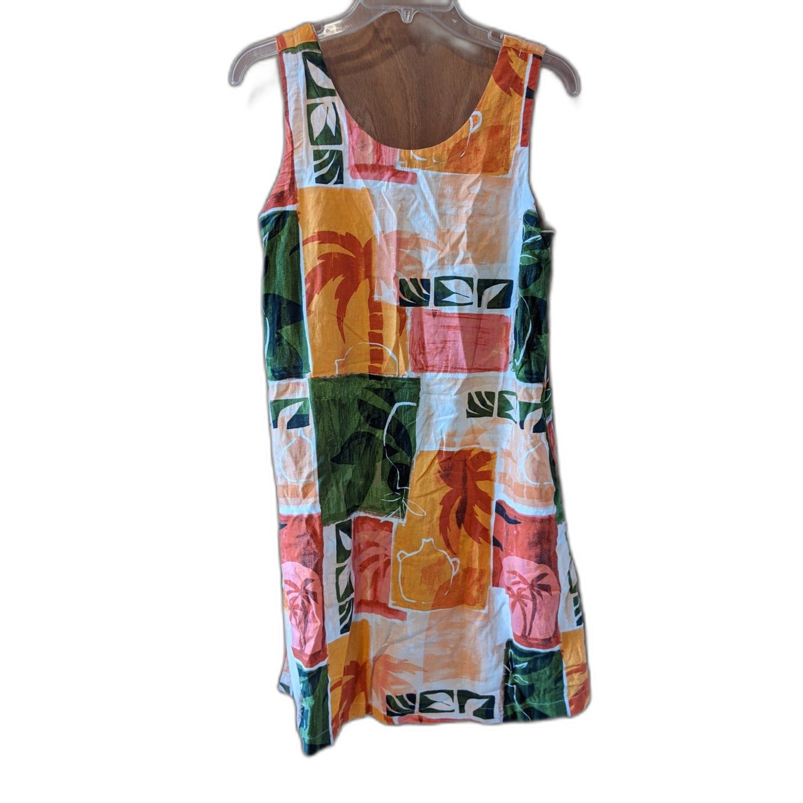 Nicole Miller Linen Dress Tropical Patchwork Shift Coastal Grandmother Y2K Sz S