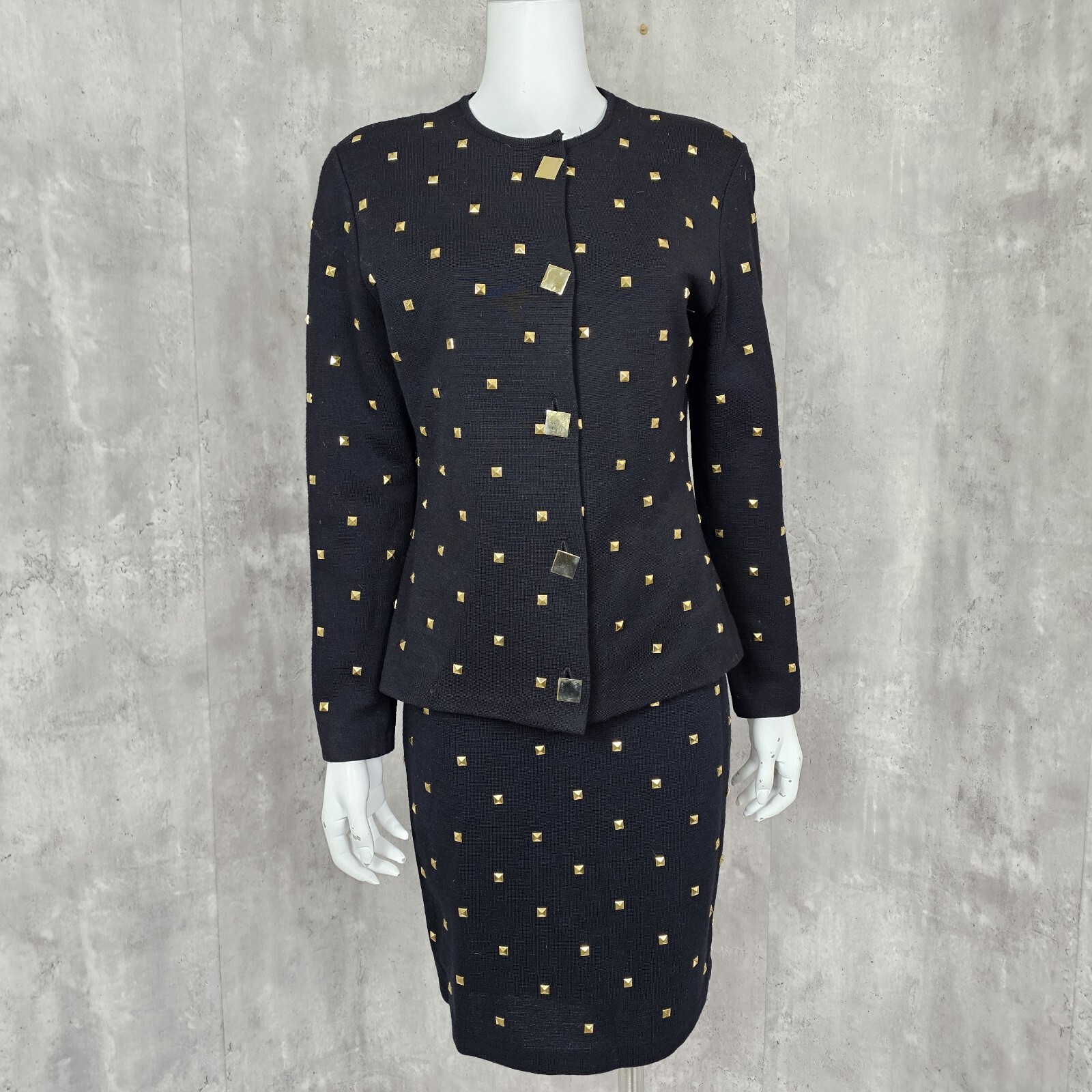 Vintage 80s 90s Outlander Collection Black Skirt Suit Gold Pyramid Studs Career