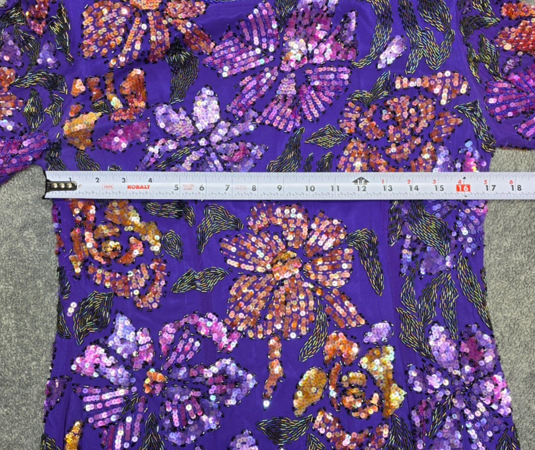 Vintage Oleg Cassini Silk Beaded Sequin Floral Evening Dress Purple Sz 14
