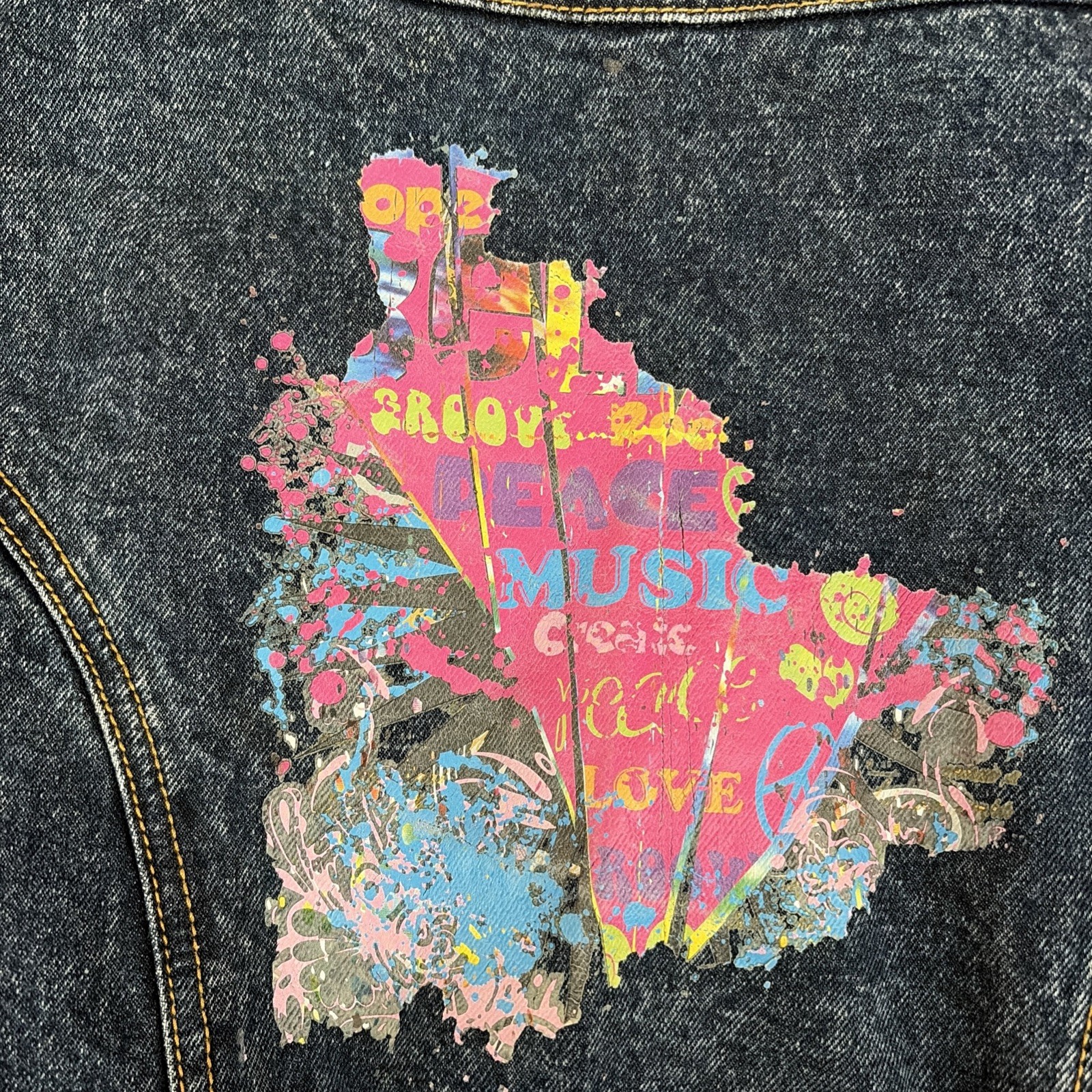 VTG 80s 90s Denim Jacket Nuovo Industriale Sz L WORN THRASHED Glitter Graffiti