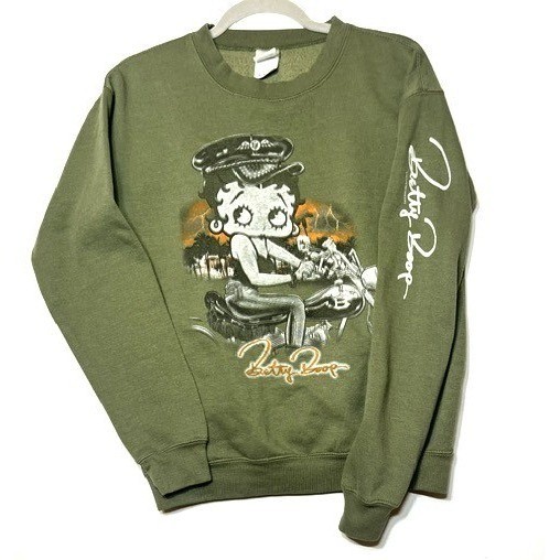 VTG Brisco Betty Boop Olive Green Motorcycle Graphic Sweatshirt Sz S