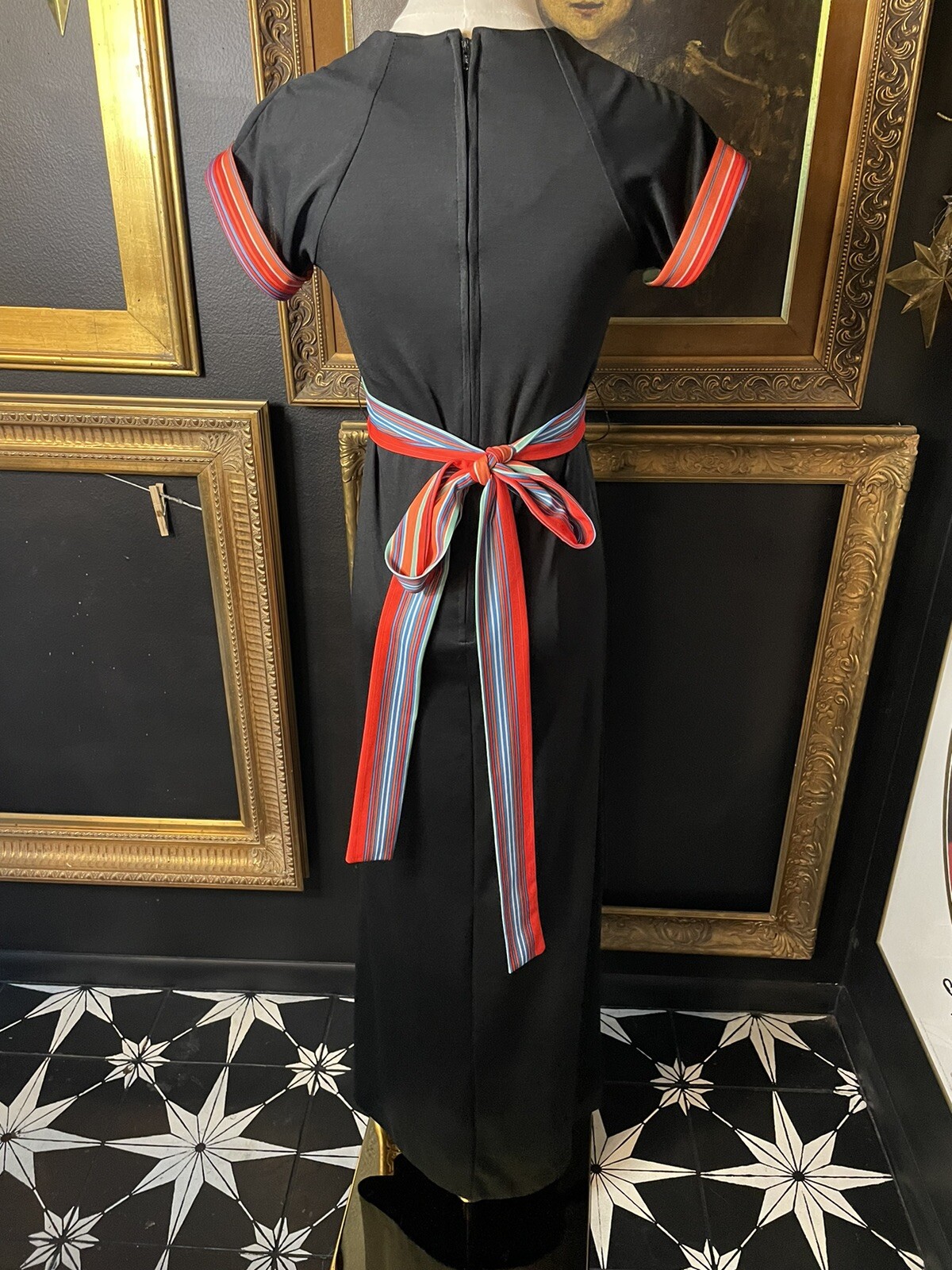 Vintage 70s Paper Moon Black Rainbow Maxi Dress XS S