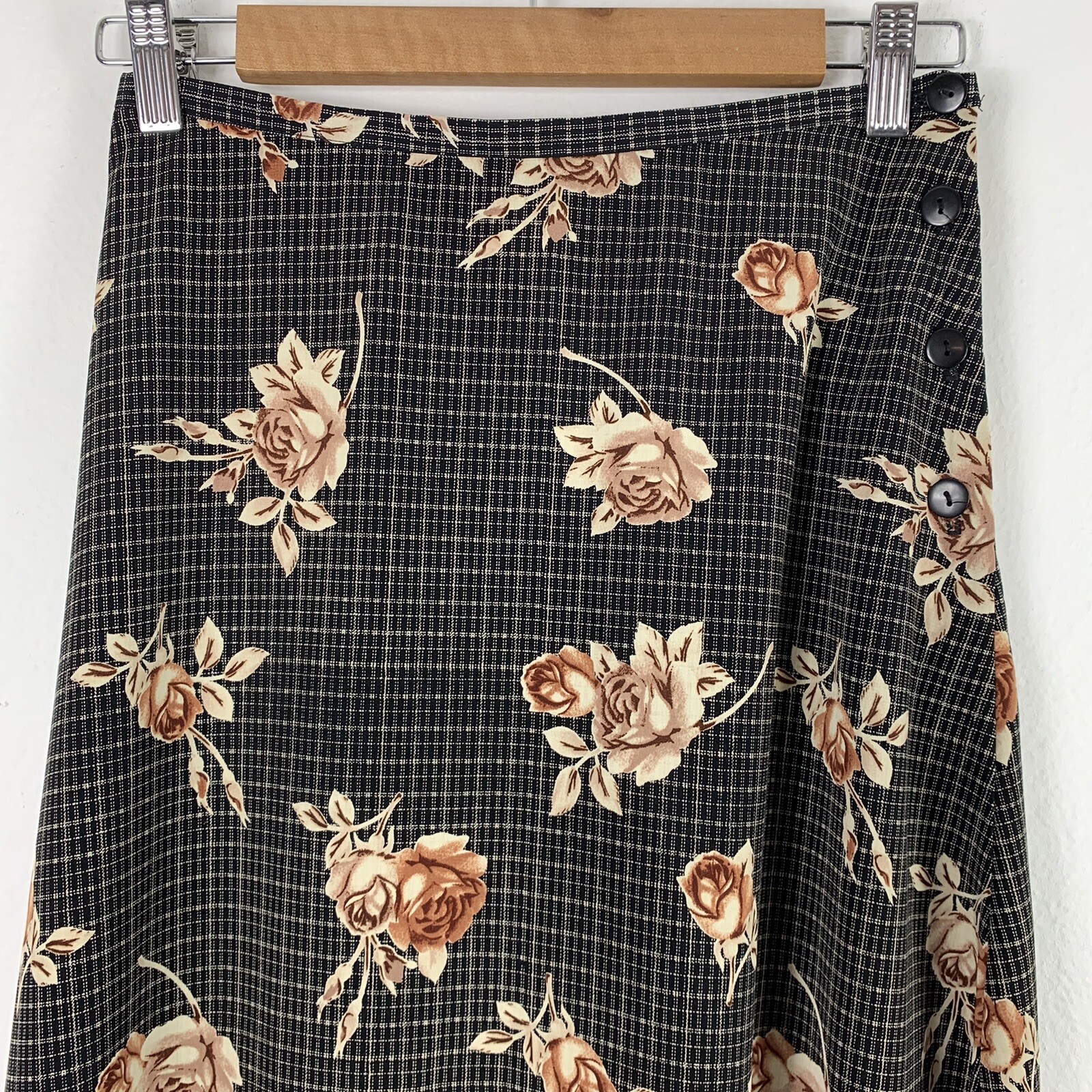 Vintage Skirt Sz Medium Floral Plaid Hi Rise Midi Brown Black Rose Ellen Ashley