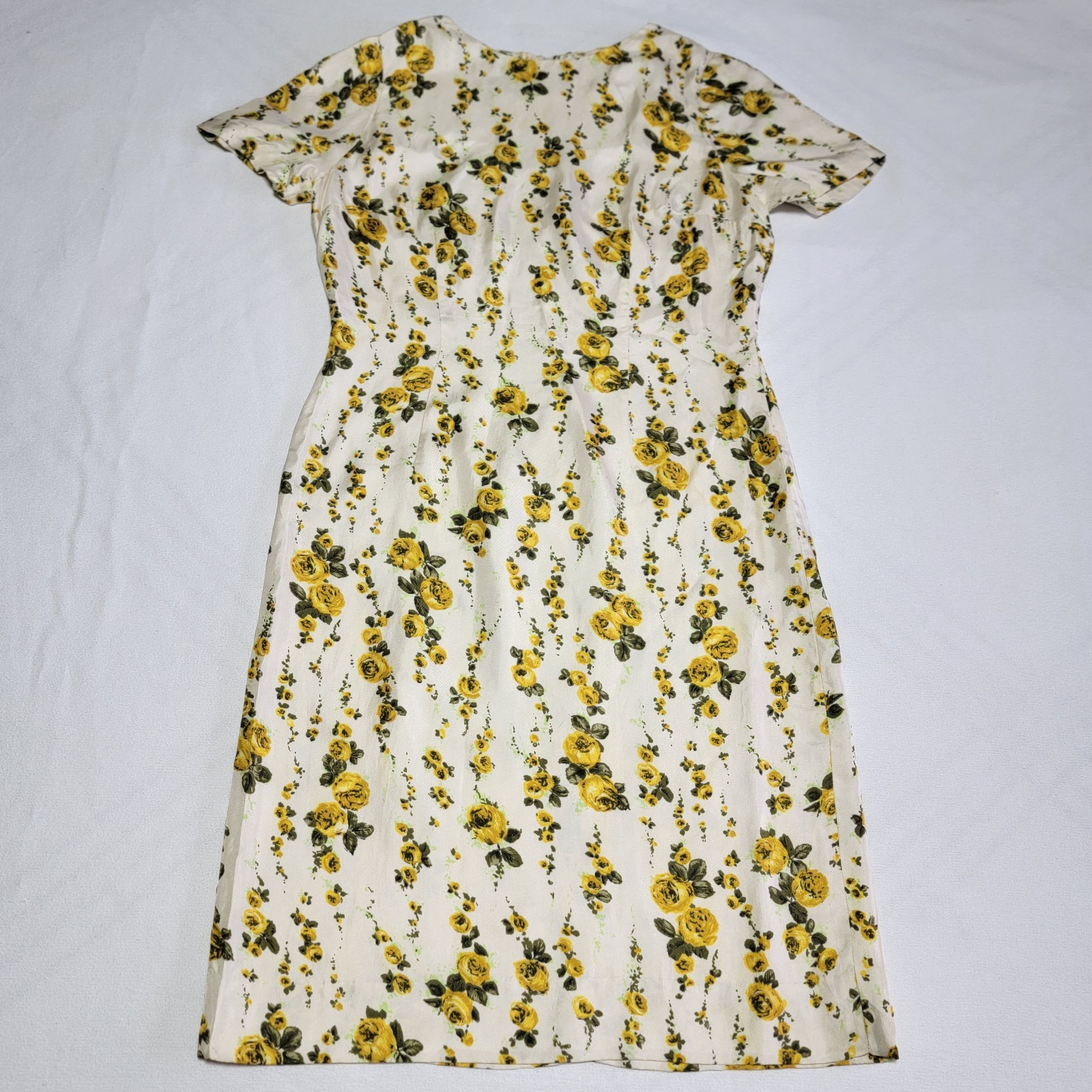 Vintage 50’s-60’s Off-White Yellow Rose Midi Summer Dress Floral Women’s Size 8