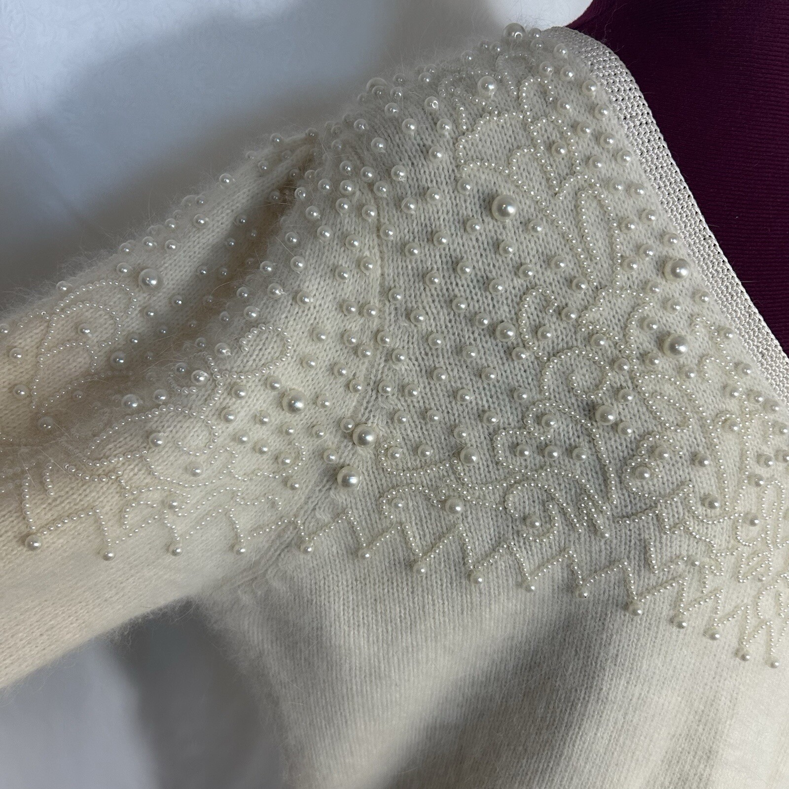 Vintage 80s Side Effects Beaded Ivory Wool Angora Rabbit Hair Sweater Sz M