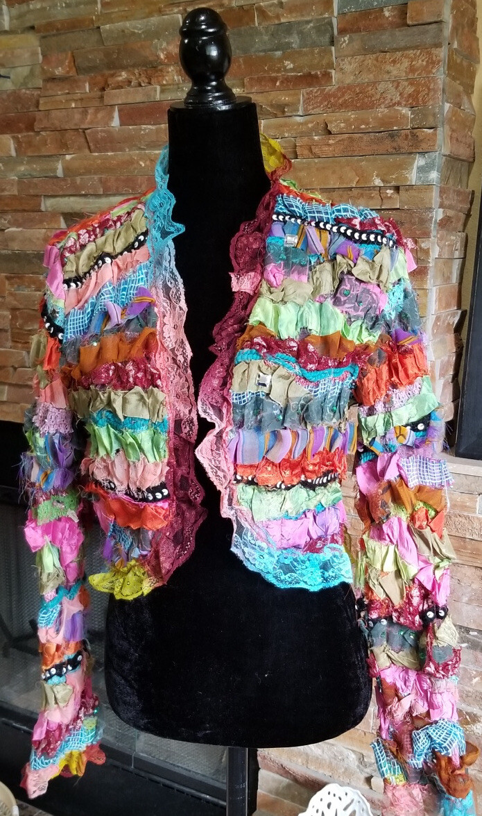 VTG Sandy Starkman Multicolor Lace Bolero Jacket US M 8 10 80s 90s