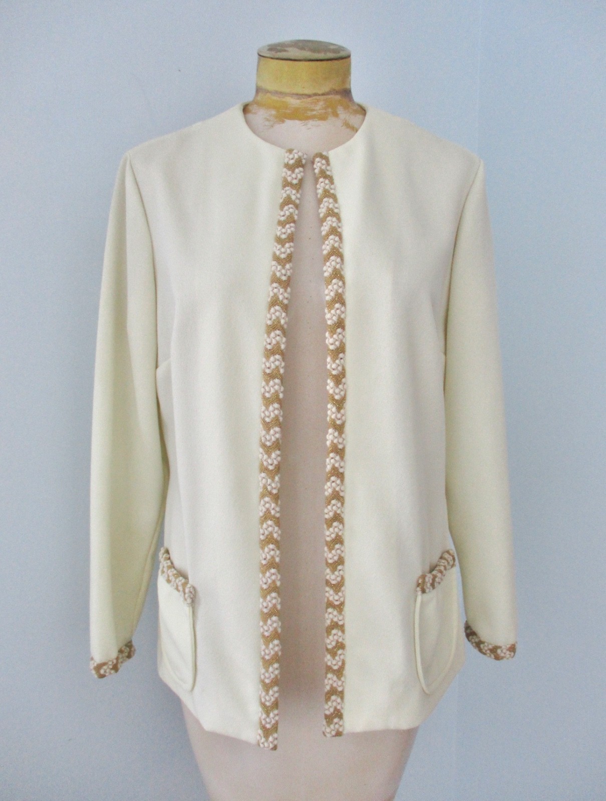 Vtg 60s 70s Cream Sparkly Gold ZigZag Knit 2-Pc Maxi Dress Gown Jacket Suit S/M