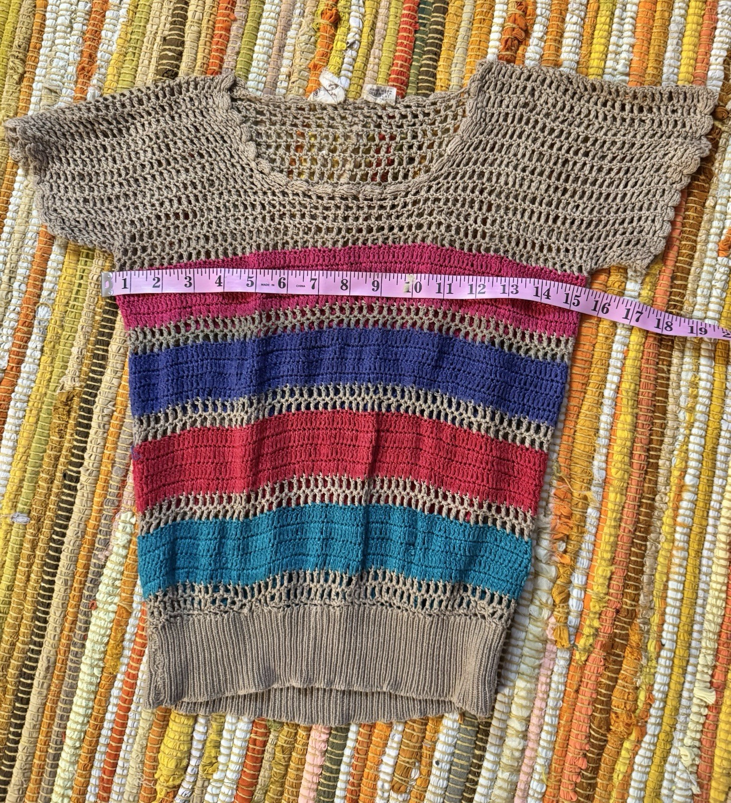 Vtg India Hand Woven Crochet Cap Sleeve Top Pullover XS S 70s 80s Dolman Crop