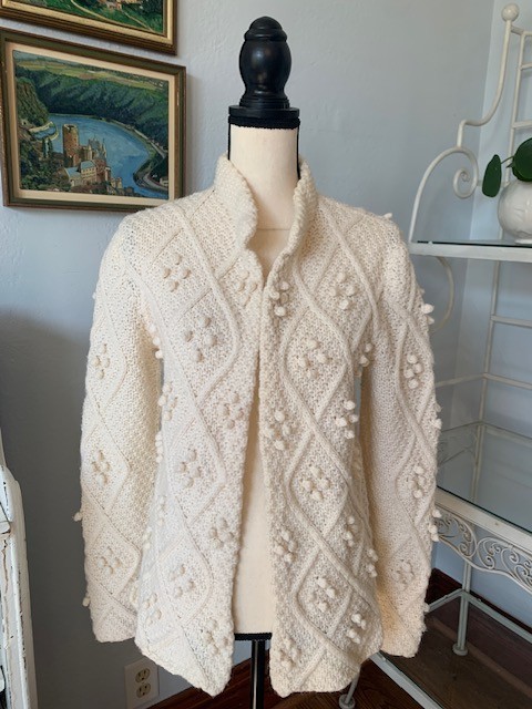 Vtg 60s Handmade Ivory Wool Cardigan Sweater Original Fisherman Pattern Med M S
