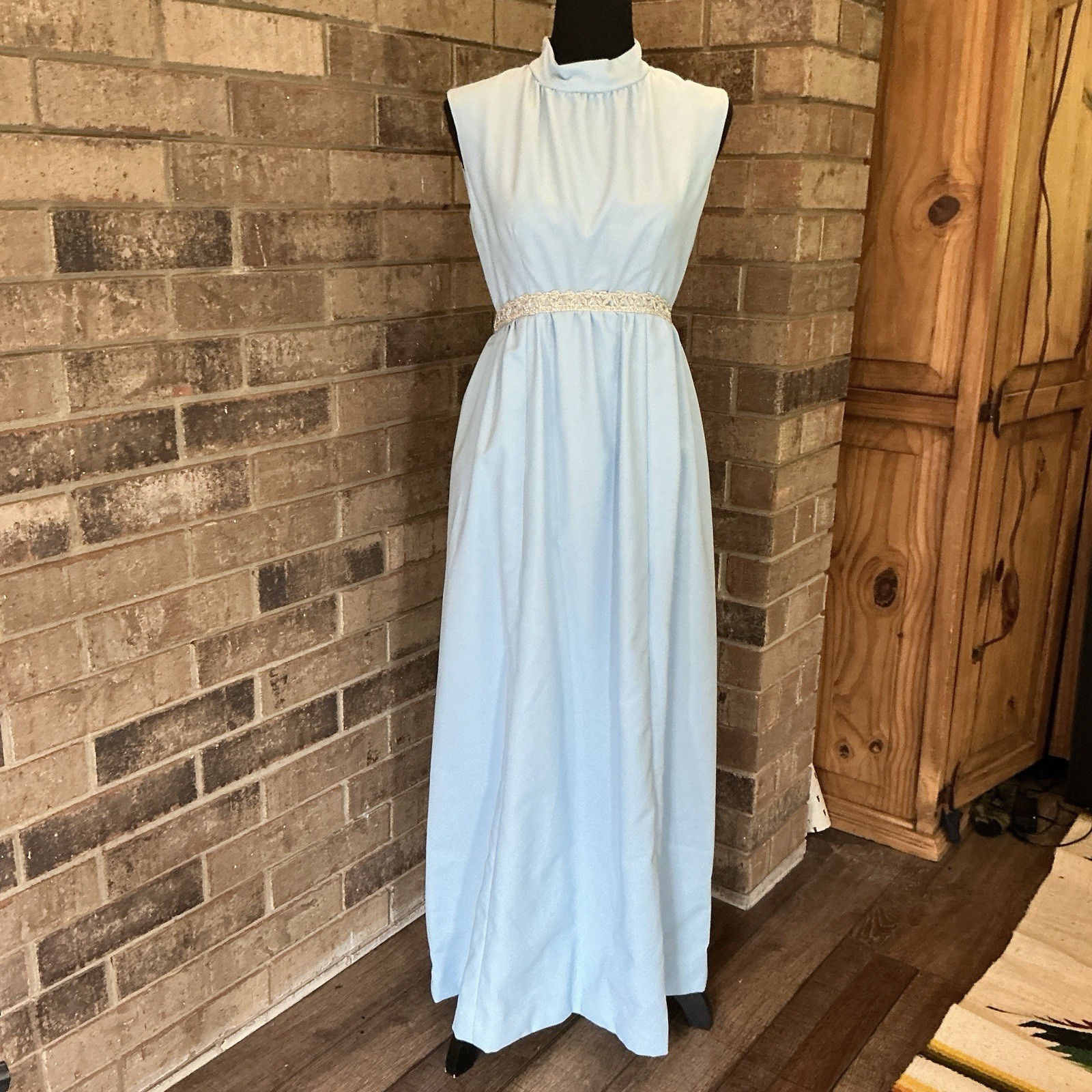 60s 70s VTG Baby Blue Maxi Dress Sz XS/S Empire Waist Lace Trim Formal Gown 34E9