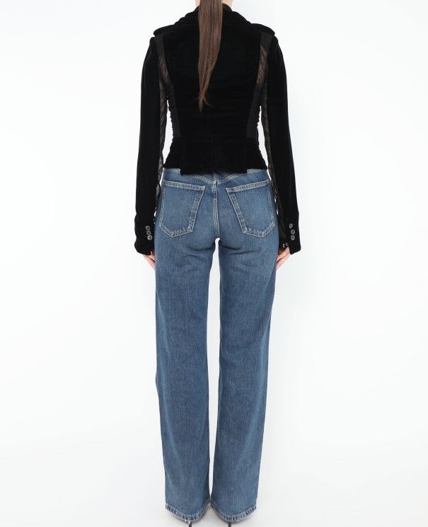 Vintage YSL YVES SAINT LAURENT Velvet Ruffle Jacket 36 38 Black Mesh Panel 2003