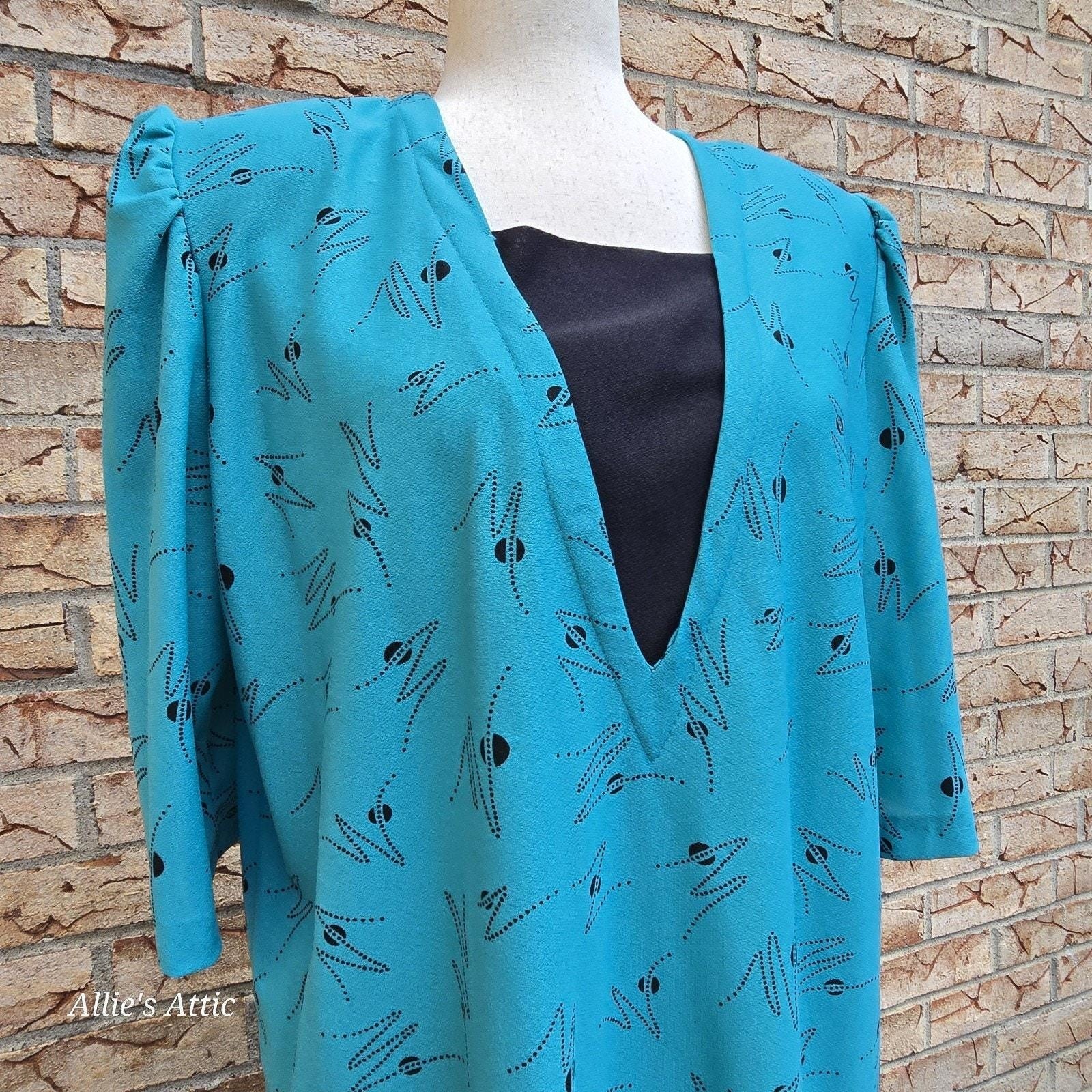 80s Teal Blue Black Geometric Vtg Drop Waist Party Dress Earth Angel Plus Size*