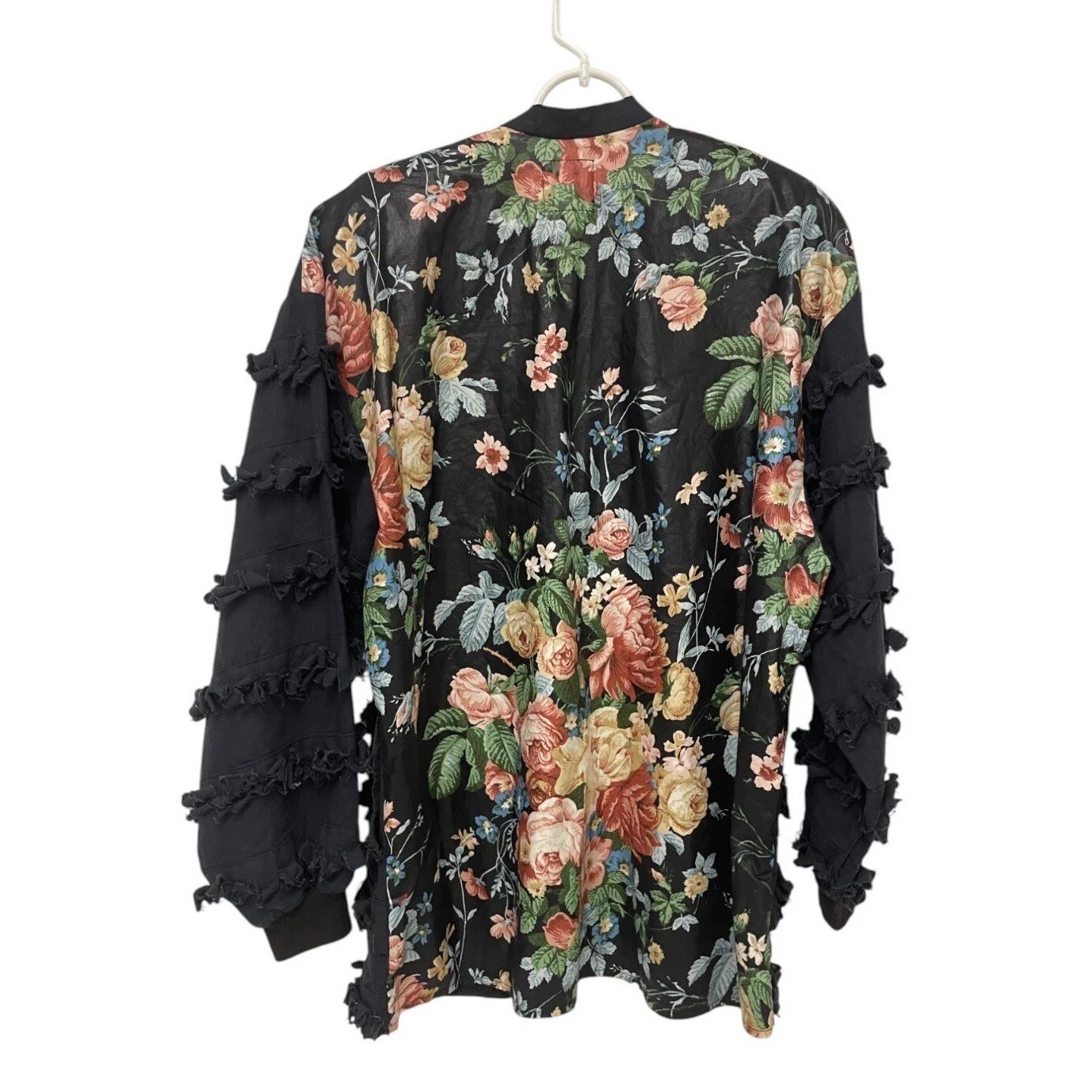 Paula Sweet Muslin Mink Blazer Sweater Medium Black Floral Fringe Vintage Jacket