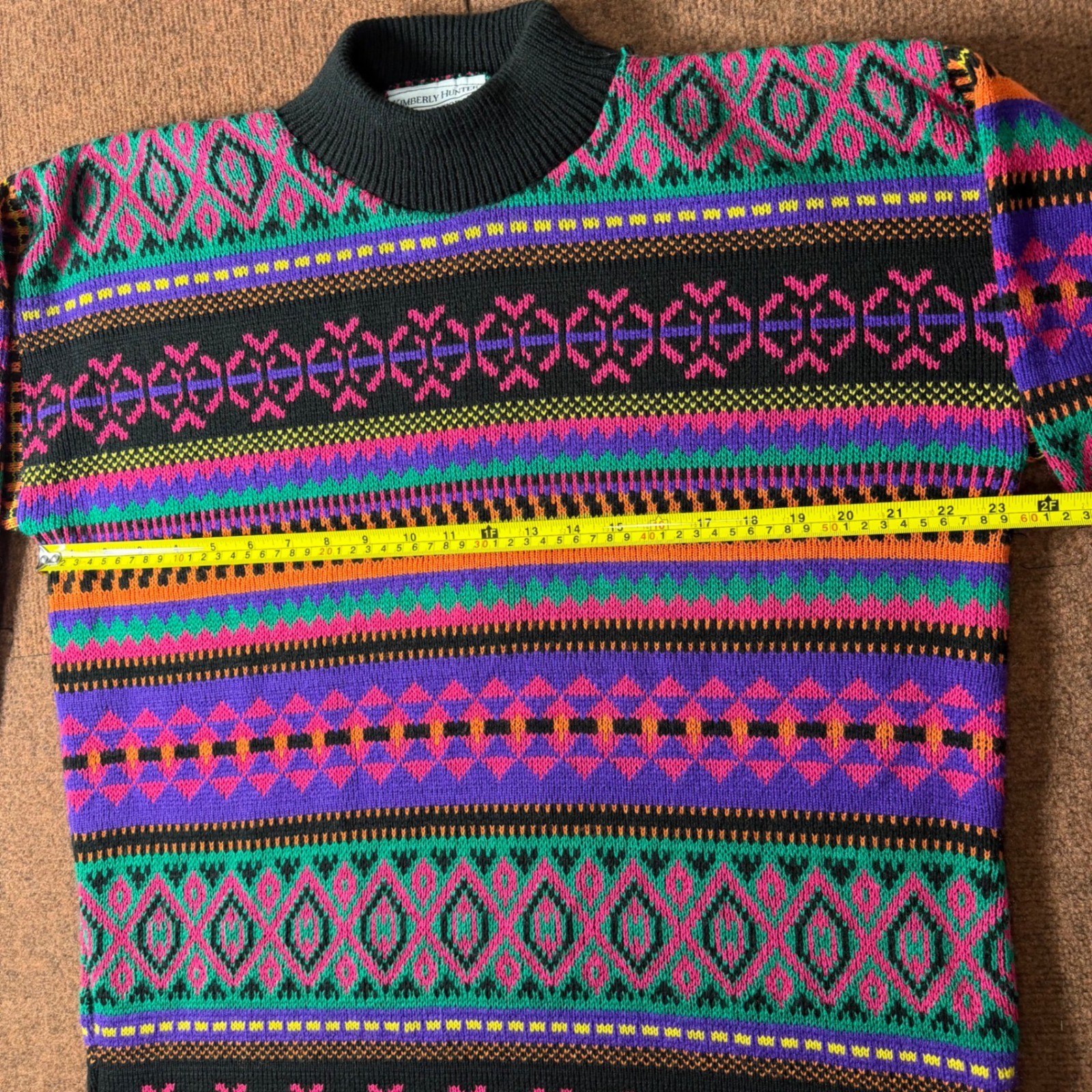 Vintage Kimberly Hunter Neon Geometric Fair Isle Mock Neck Sweater USA Made XL