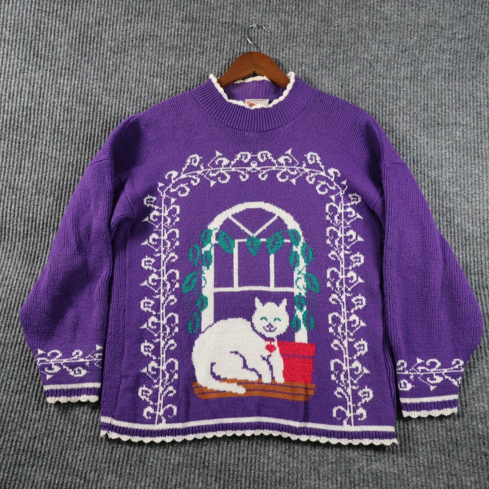 Vintage Spunky Womens Purple Cat Sweater 80s Window Novelty Knit Top Size Large