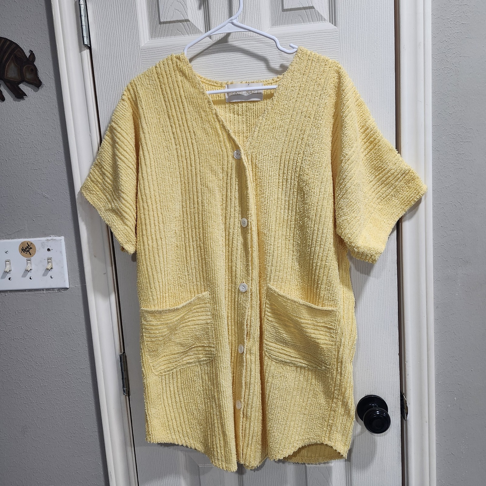 Herbcraft Vintage Chenille Cardigan Housecoat Style Yellow Button Front