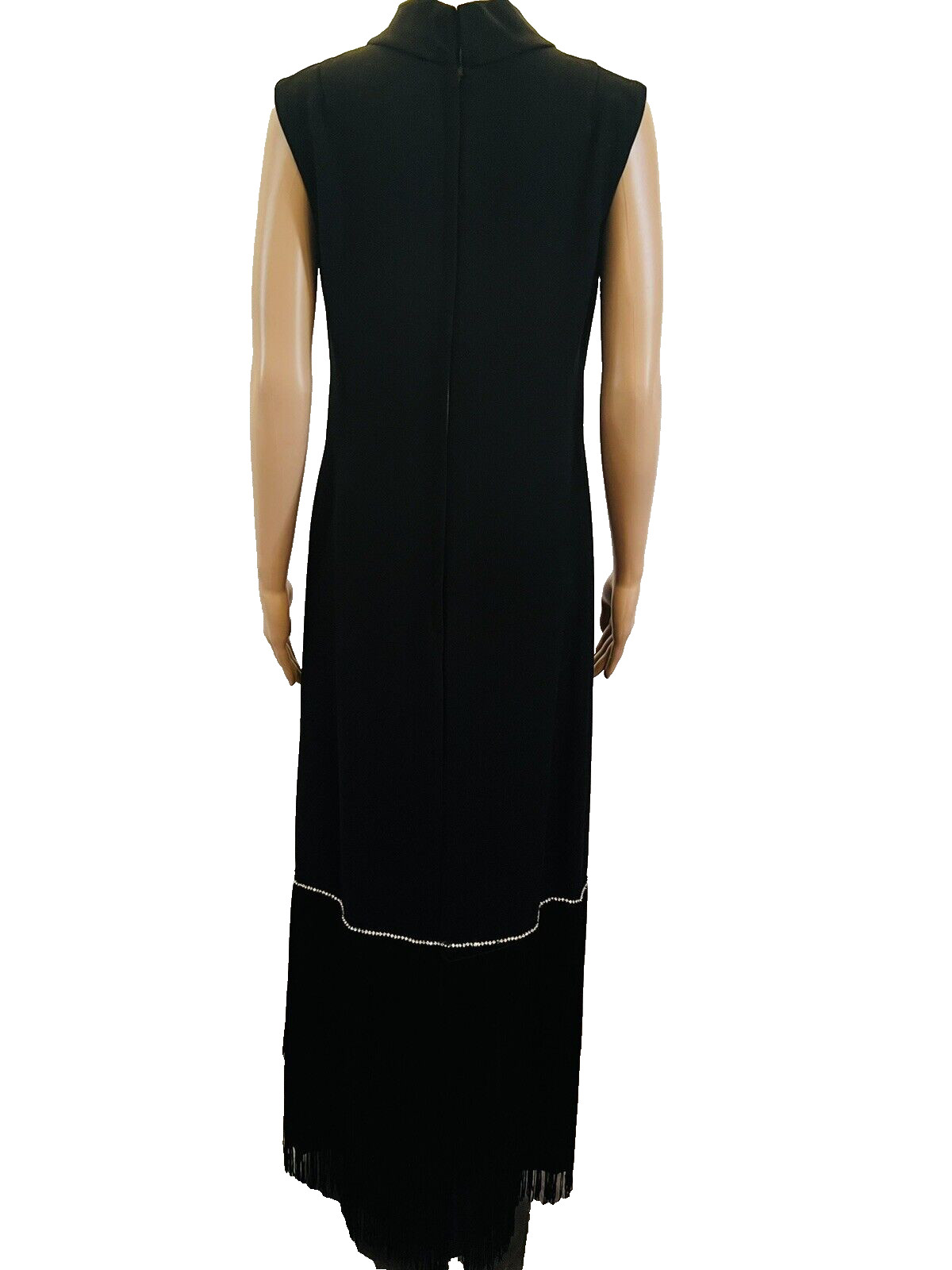 VTG 1960s Pavillon Design Black Evening Gown Maxi Dress Fringe & Rhinestones M*