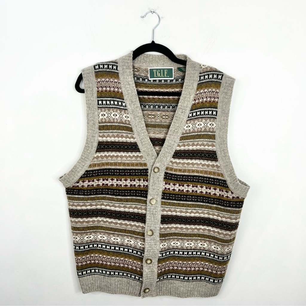 Vintage 80s 90s pure wool grey tan fair isle button front grandpa sweater vest M
