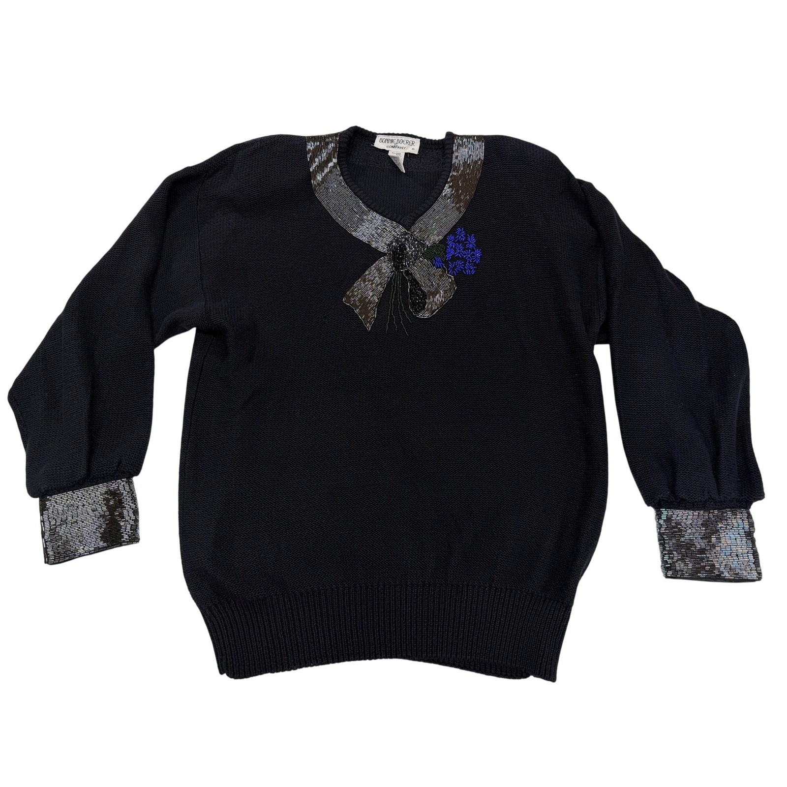 VTG Bonnie Boerer Sweater Black Beaded Sequin Bow Floral Ramie Cotton Womens M